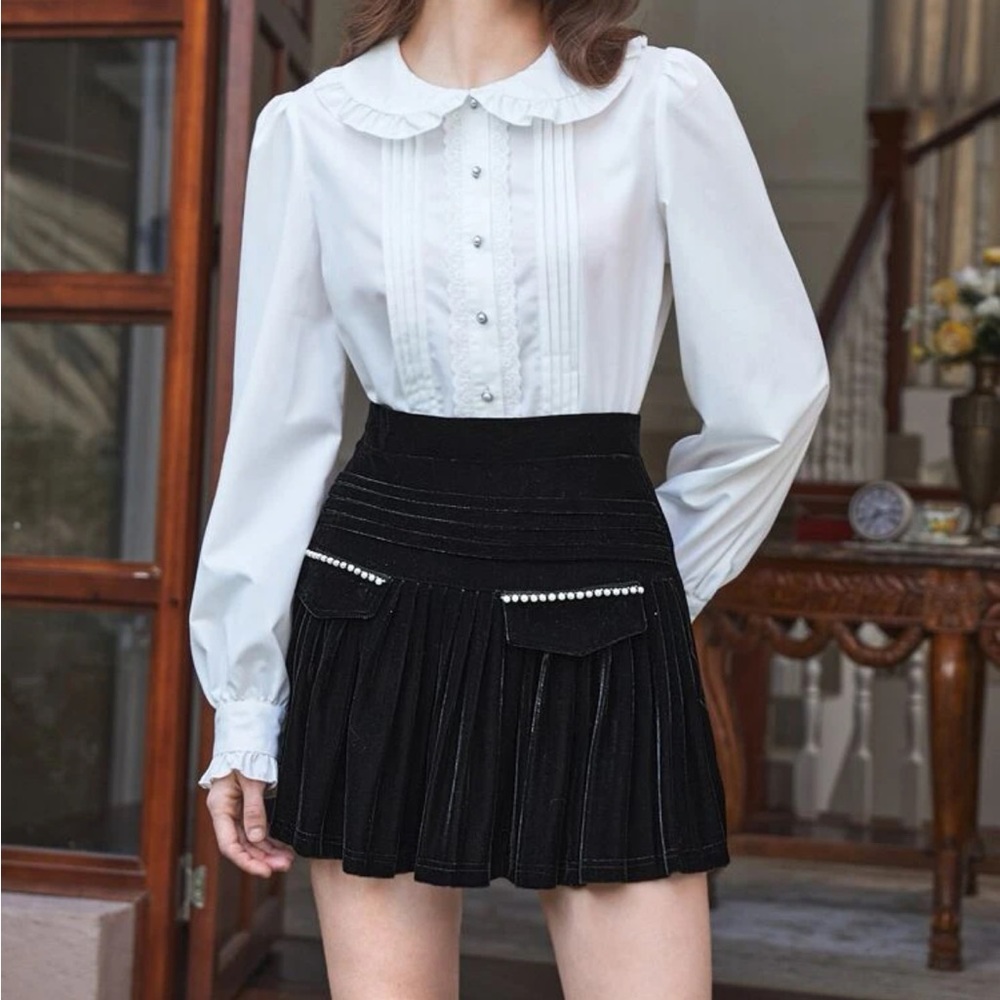Black High Waist Pearl Beaded Ruffle Hem Skirt - Picture 2 of 3